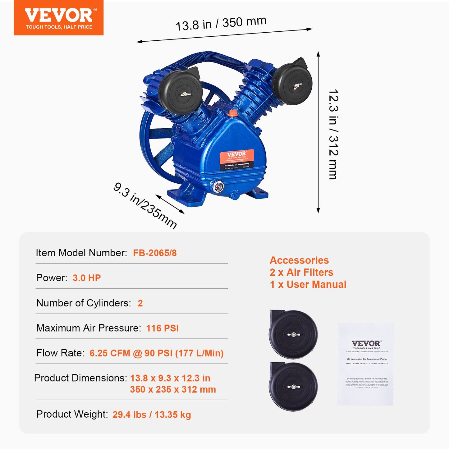 Luftkompressorpumphuvud 3HP 6.25CFM @ 90PSI 2-cylindrig kolvpumphuvud