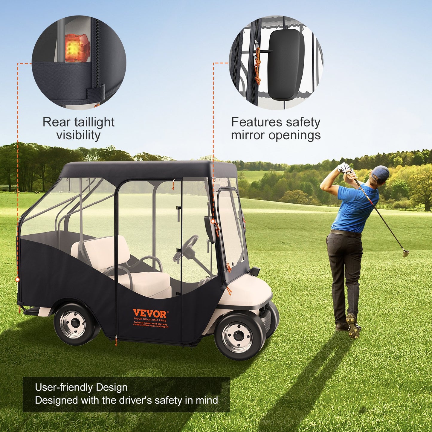 Golfvagnskåpa, 420D-polyesterkåpa med 4-sidiga genomskinliga fönster, 4 passagerarklubbkåpor Universal Passar för de flesta märkesvagnar, sol- och dammtät utomhusvagnsskydd