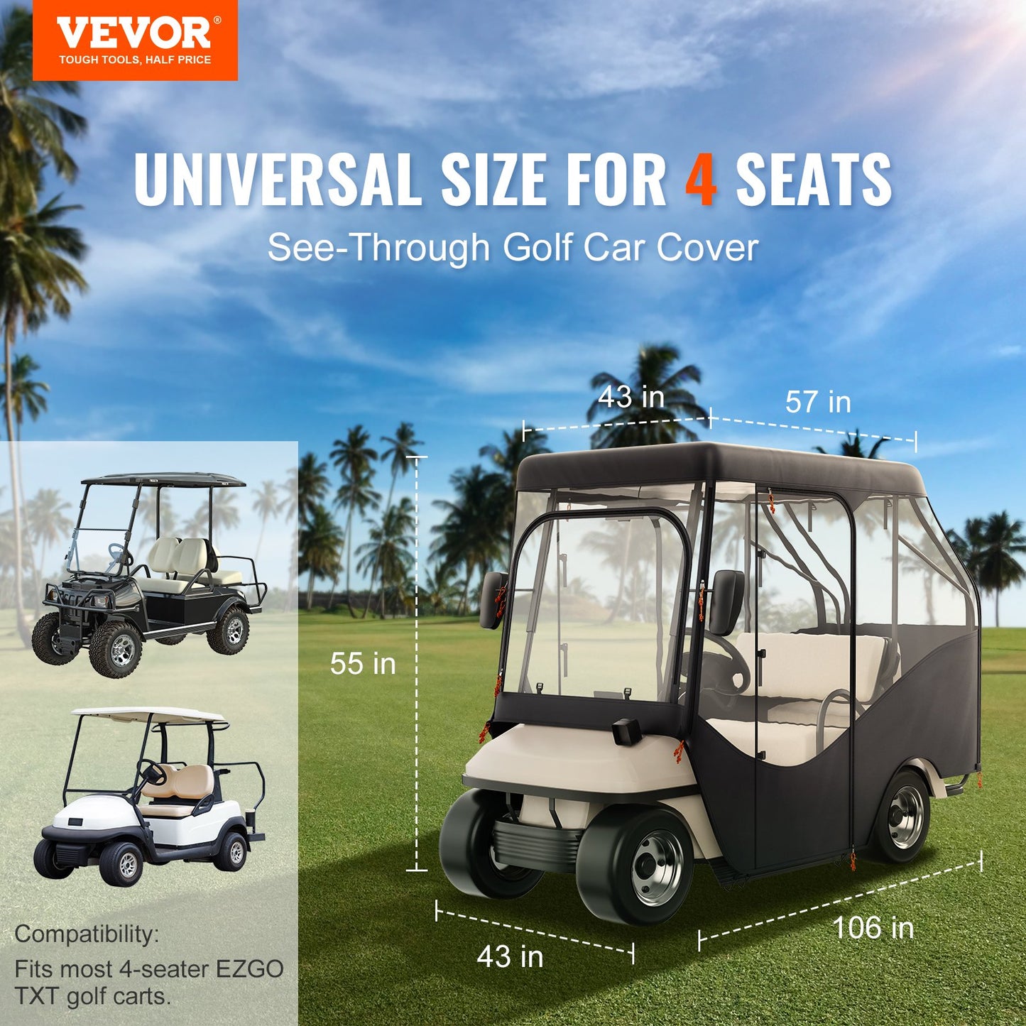 Golfwagen-Abdeckung, 600D-Polyester-Abdeckung mit 4 transparenten Fenstern an den Seiten, 4 Passagier-Schlägerabdeckungen, universell passend für die meisten Markenwagen, sonnen- und staubdichte Outdoor-Wagen-Abdeckung