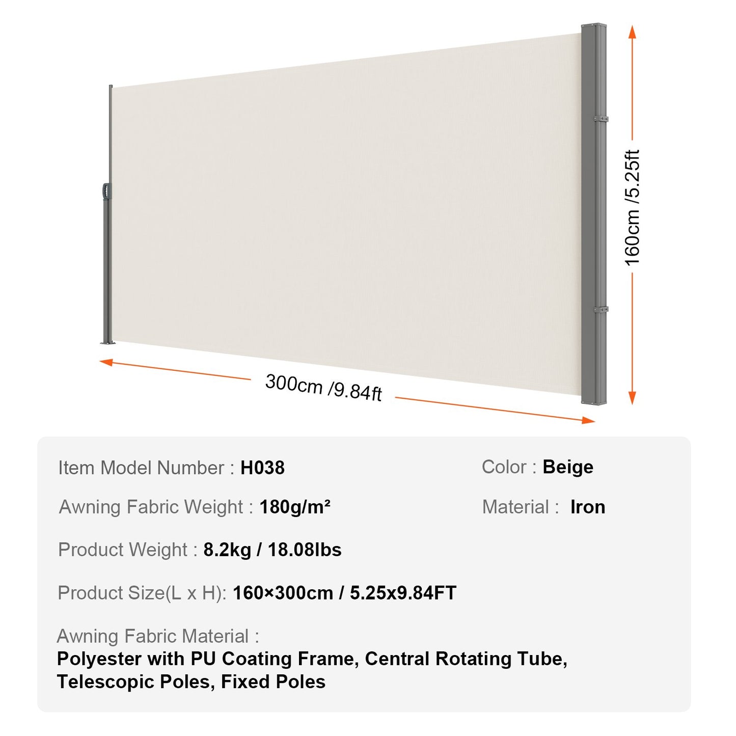 Infällbar sidomarkis, 63''x 118'' Outdoor Privacy Screen, 180g polyester Vattentät infällbar uteplatsskärm, UV 30+ rumsavdelare vindskärm för uteplats, bakgård, balkong, beige