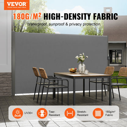 Infällbar sidomarkis, 63''x 118'' Outdoor Privacy Screen, 180g polyester Vattentät infällbar uteplatsskärm, UV 30+ rumsavdelare vindskärm för uteplats, bakgård, balkong, grå