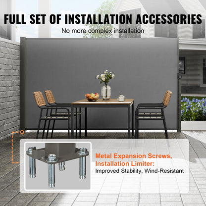 Infällbar sidomarkis, 63''x 118'' Outdoor Privacy Screen, 180g polyester Vattentät infällbar uteplatsskärm, UV 30+ rumsavdelare vindskärm för uteplats, bakgård, balkong, grå