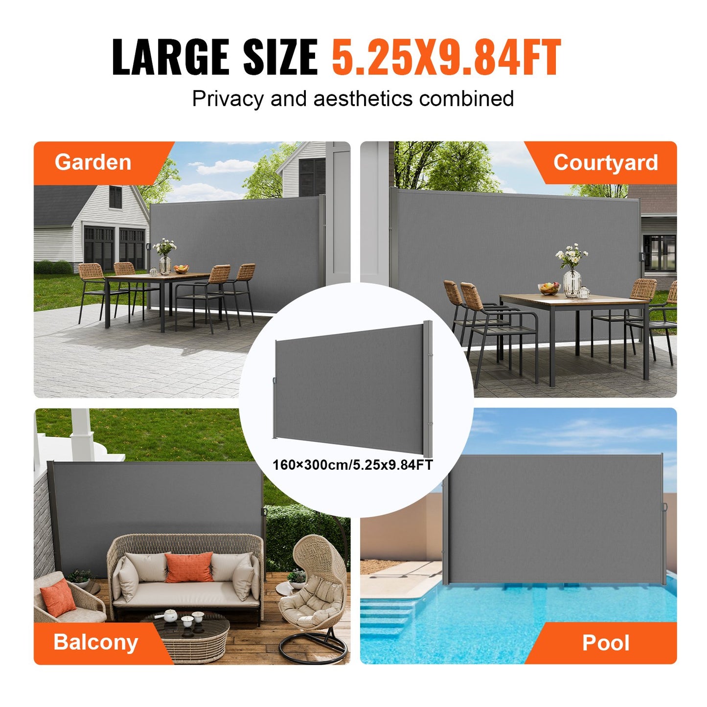 Infällbar sidomarkis, 63''x 118'' Outdoor Privacy Screen, 180g polyester Vattentät infällbar uteplatsskärm, UV 30+ rumsavdelare vindskärm för uteplats, bakgård, balkong, grå