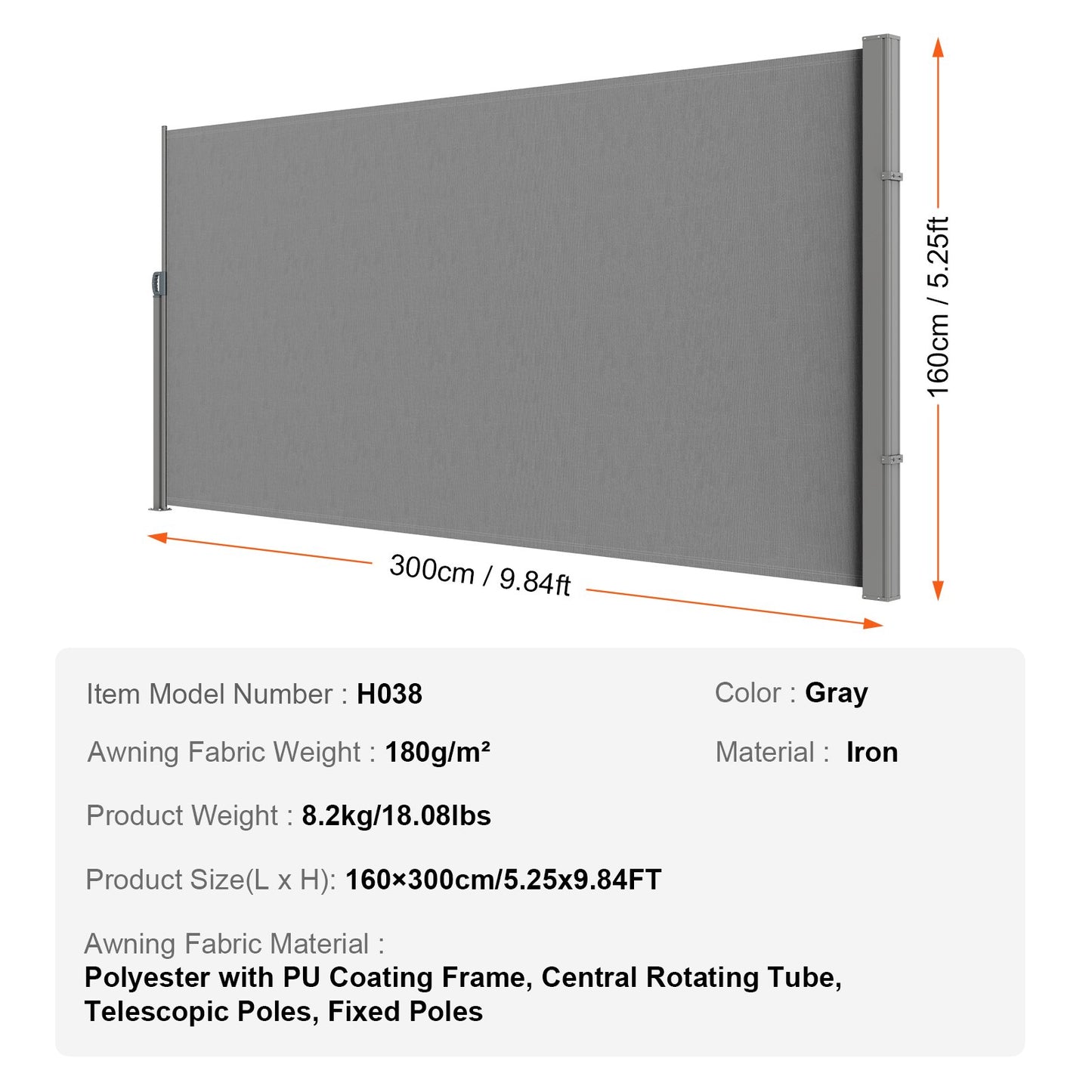 Infällbar sidomarkis, 63''x 118'' Outdoor Privacy Screen, 180g polyester Vattentät infällbar uteplatsskärm, UV 30+ rumsavdelare vindskärm för uteplats, bakgård, balkong, grå