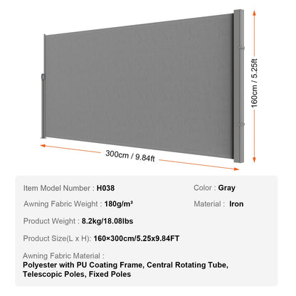 Infällbar sidomarkis, 63''x 118'' Outdoor Privacy Screen, 180g polyester Vattentät infällbar uteplatsskärm, UV 30+ rumsavdelare vindskärm för uteplats, bakgård, balkong, grå