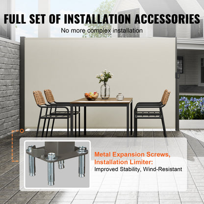 Retractable Side Awning, 71''x 138'' Outdoor Privacy Screen, 180g Polyester Waterproof Retractable Patio Screen, UV 30+ Room Divider Wind Screen for Patio, Backyard, Balcony, Beige