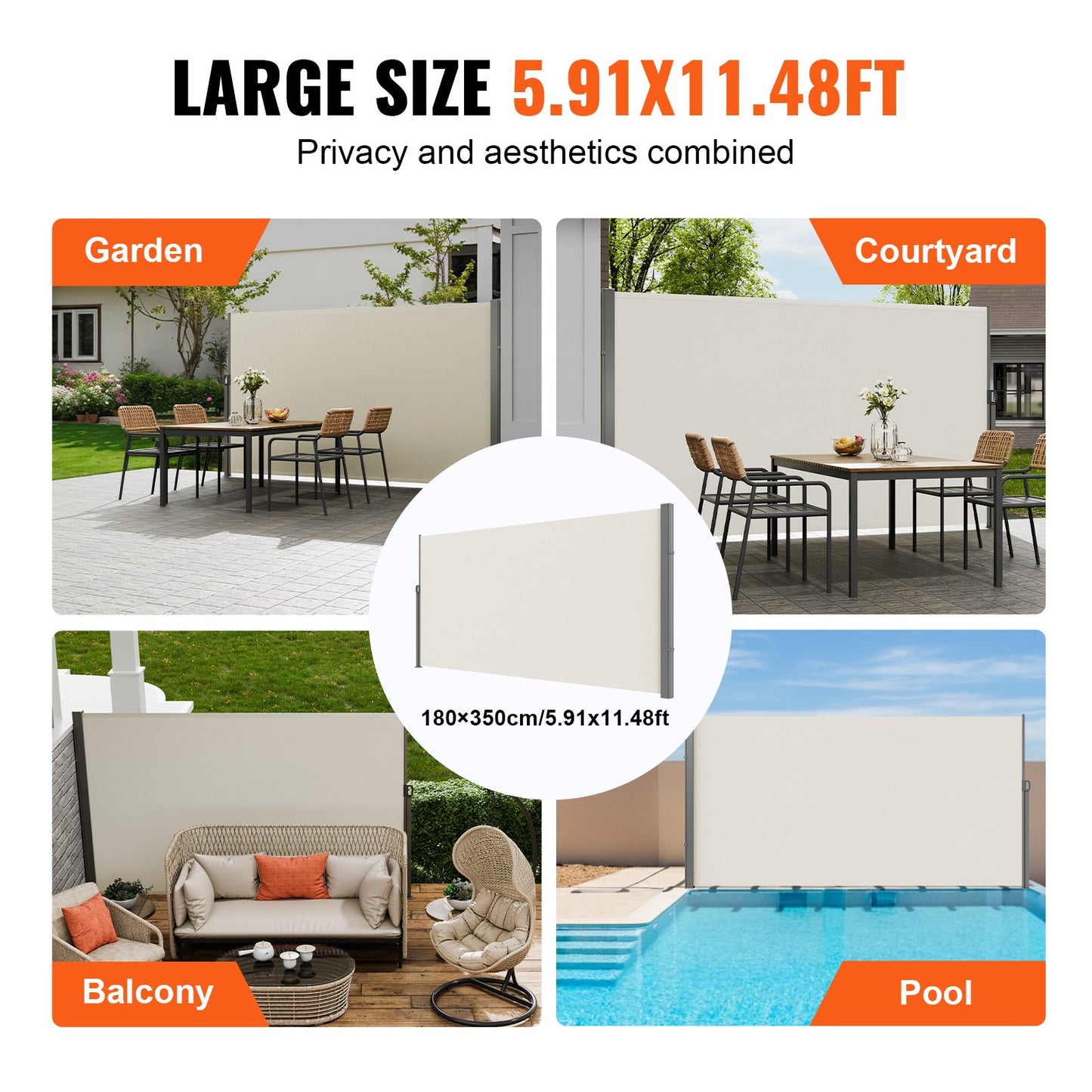 Retractable Side Awning, 71''x 138'' Outdoor Privacy Screen, 180g Polyester Waterproof Retractable Patio Screen, UV 30+ Room Divider Wind Screen for Patio, Backyard, Balcony, Beige