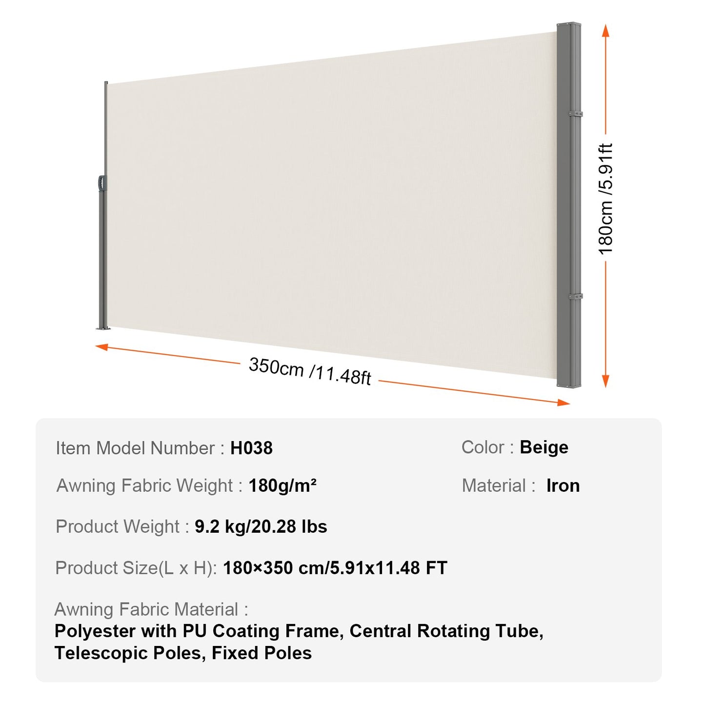 Retractable Side Awning, 71''x 138'' Outdoor Privacy Screen, 180g Polyester Waterproof Retractable Patio Screen, UV 30+ Room Divider Wind Screen for Patio, Backyard, Balcony, Beige