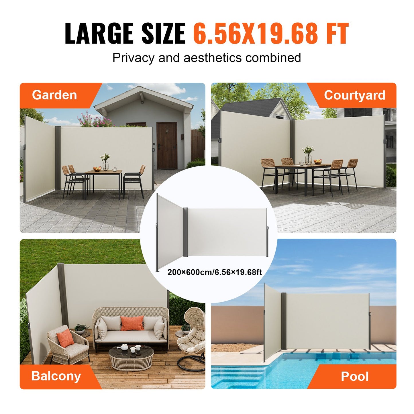 Infällbar sidomarkis, 79''x 236'' Outdoor Privacy Screen, 180g polyester Vattentät infällbar uteplatsskärm, UV 30+ rumsavdelare vindskärm för uteplats, bakgård, balkong, beige