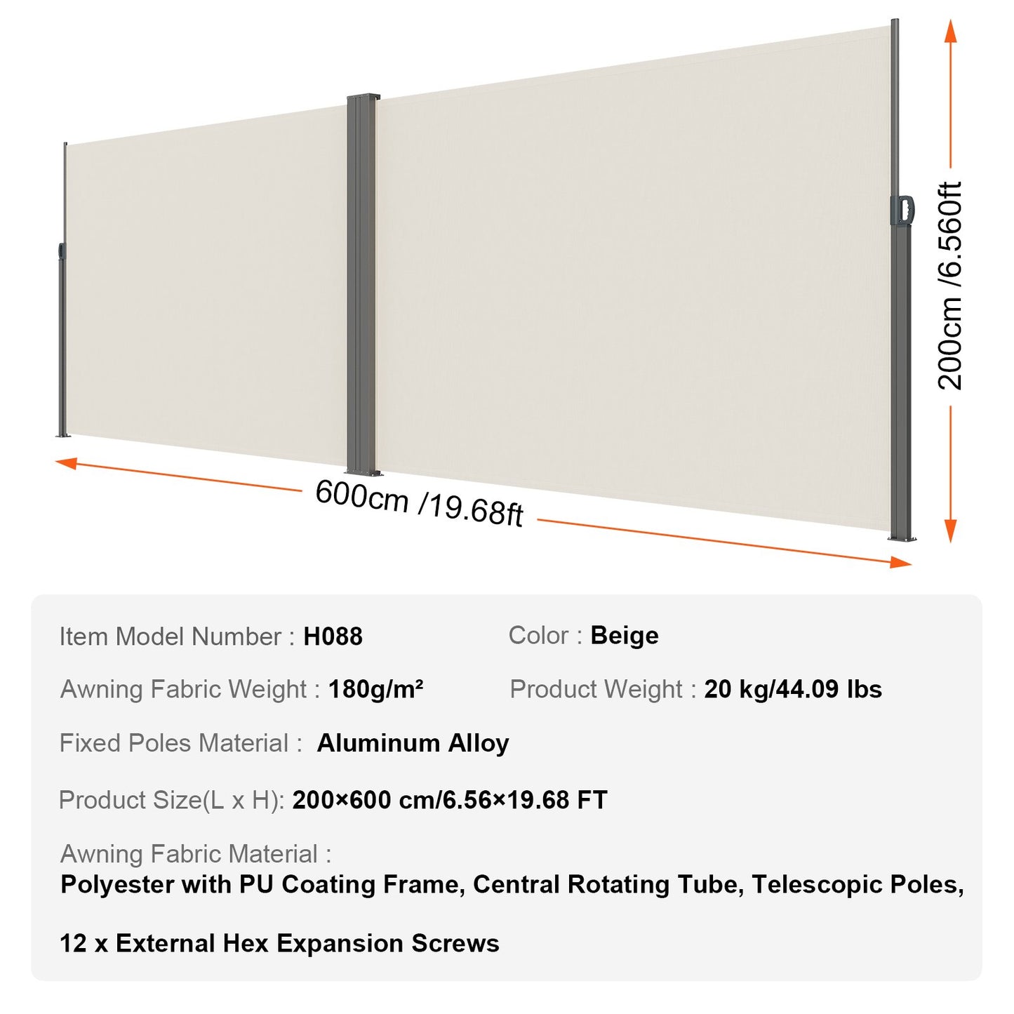 Infällbar sidomarkis, 79''x 236'' Outdoor Privacy Screen, 180g polyester Vattentät infällbar uteplatsskärm, UV 30+ rumsavdelare vindskärm för uteplats, bakgård, balkong, beige