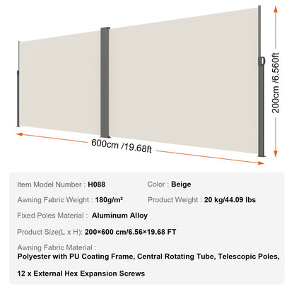 Infällbar sidomarkis, 79''x 236'' Outdoor Privacy Screen, 180g polyester Vattentät infällbar uteplatsskärm, UV 30+ rumsavdelare vindskärm för uteplats, bakgård, balkong, beige