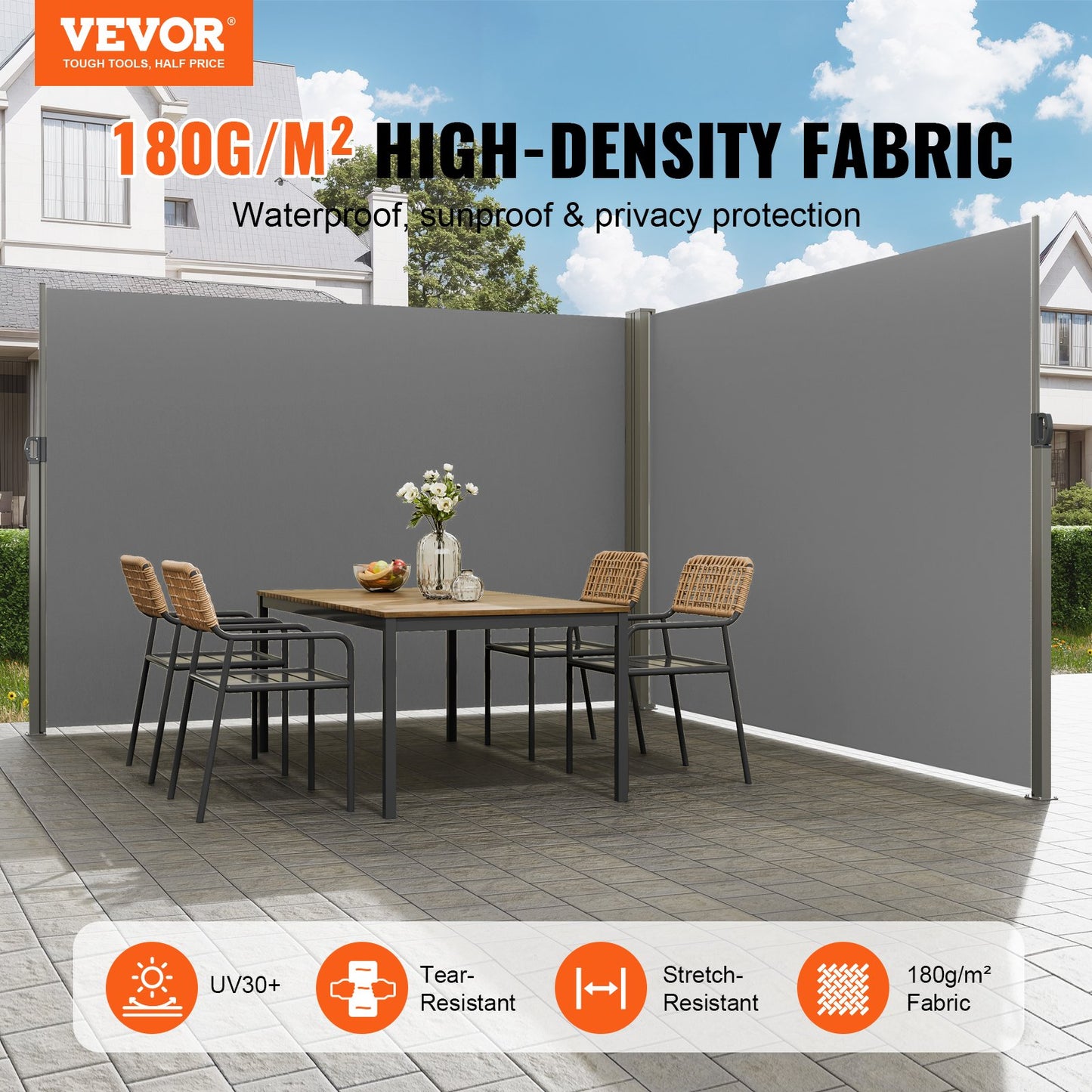 Infällbar sidomarkis, 79''x 236'' Outdoor Privacy Screen, 180g polyester Vattentät infällbar uteplatsskärm, UV 30+ rumsavdelare vindskärm för uteplats, bakgård, balkong, grå