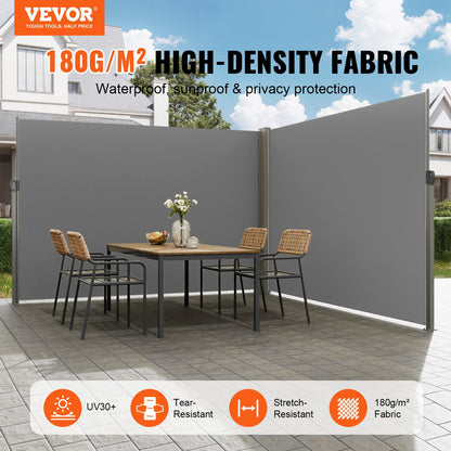 Infällbar sidomarkis, 79''x 236'' Outdoor Privacy Screen, 180g polyester Vattentät infällbar uteplatsskärm, UV 30+ rumsavdelare vindskärm för uteplats, bakgård, balkong, grå
