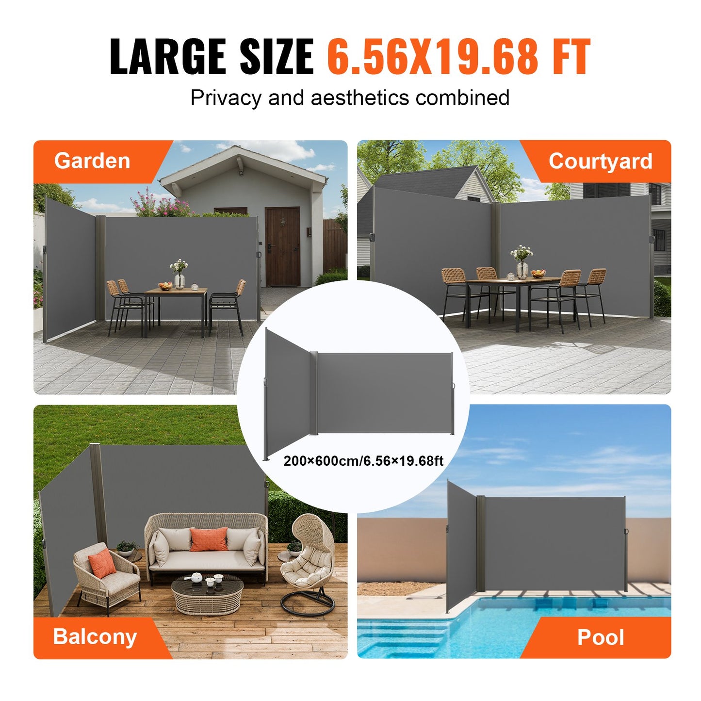 Infällbar sidomarkis, 79''x 236'' Outdoor Privacy Screen, 180g polyester Vattentät infällbar uteplatsskärm, UV 30+ rumsavdelare vindskärm för uteplats, bakgård, balkong, grå