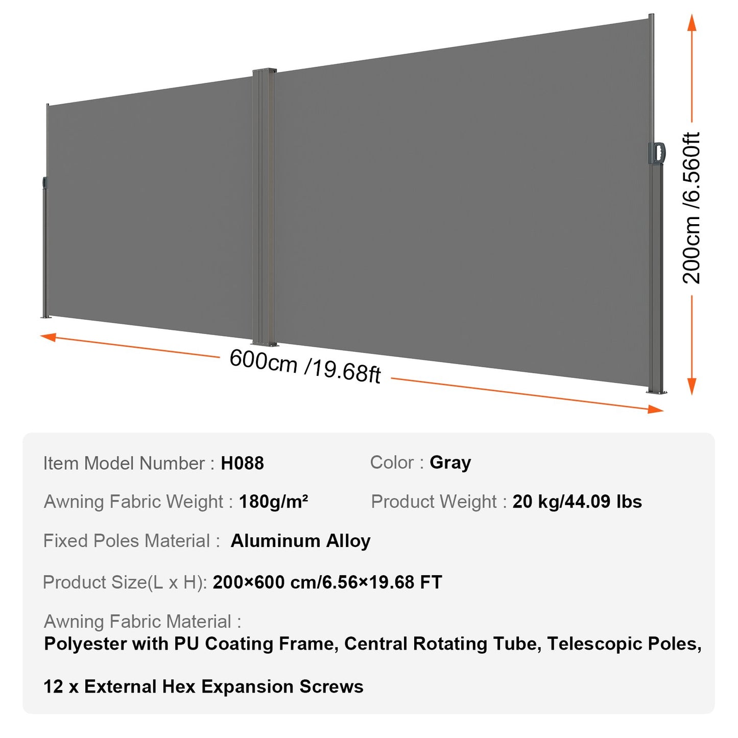Infällbar sidomarkis, 79''x 236'' Outdoor Privacy Screen, 180g polyester Vattentät infällbar uteplatsskärm, UV 30+ rumsavdelare vindskärm för uteplats, bakgård, balkong, grå