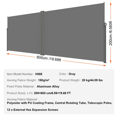 Infällbar sidomarkis, 79''x 236'' Outdoor Privacy Screen, 180g polyester Vattentät infällbar uteplatsskärm, UV 30+ rumsavdelare vindskärm för uteplats, bakgård, balkong, grå