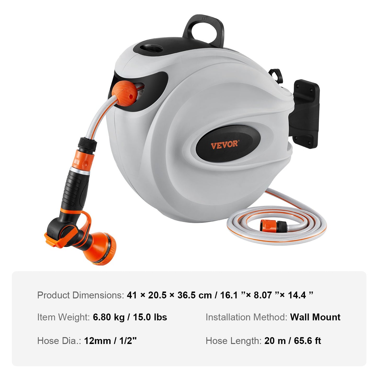 Hose reel retractable hose reel Water hose reel 65.6'x1/2" 180° rotatable wall mounted