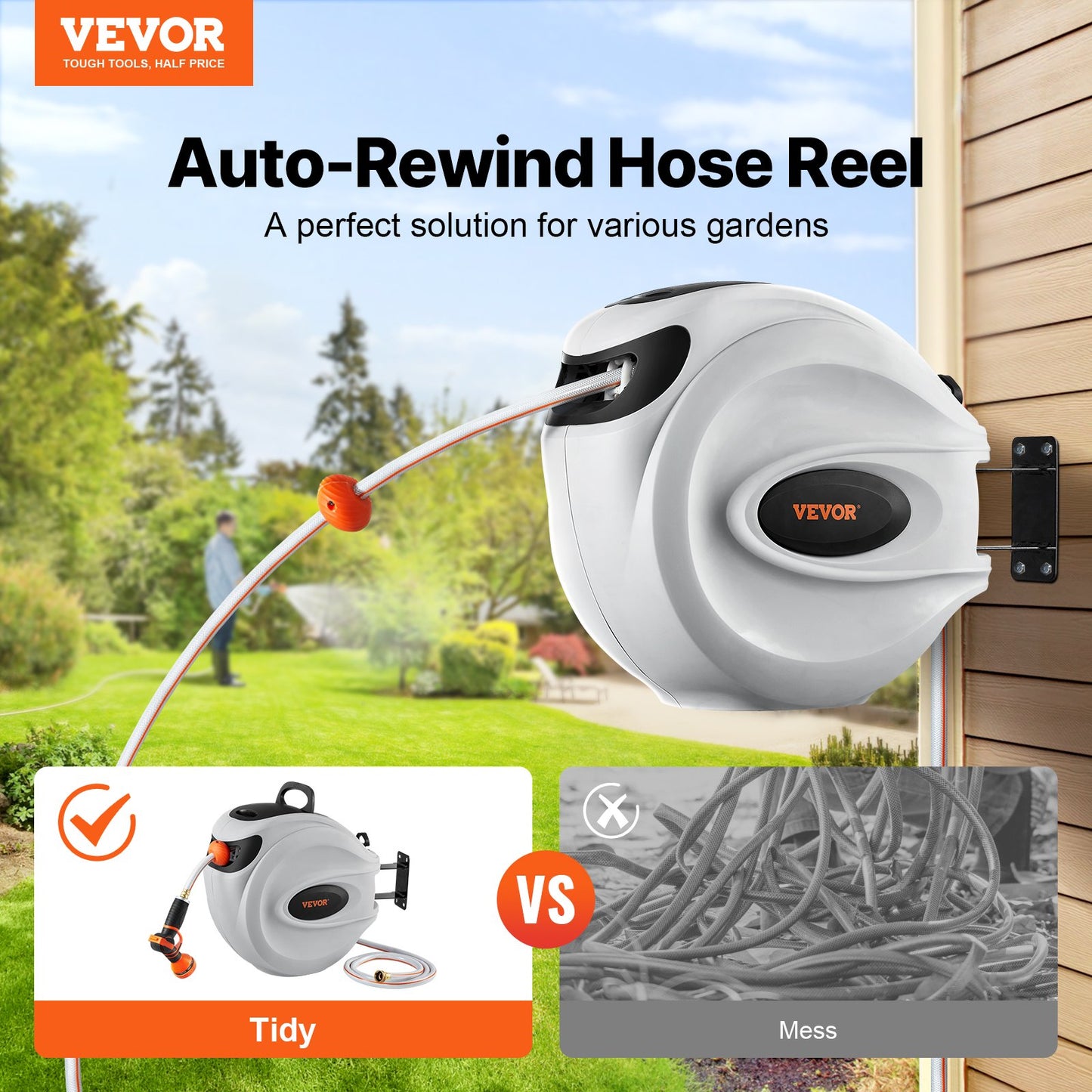 Retractable Garden Hose Reel 1/2 inch x 131.23 ft. Wall Mounted Hose Reel