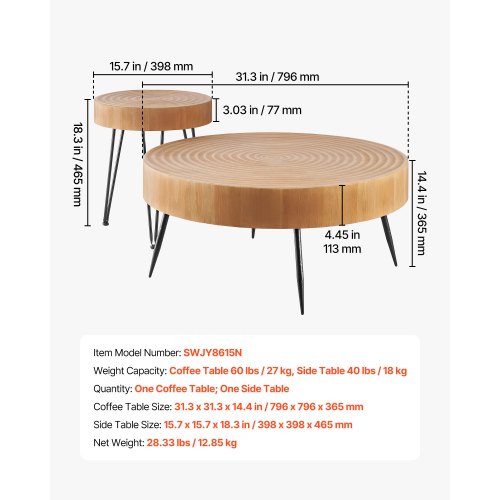 2-piece round coffee table set 89 cm with 1 side table for living room