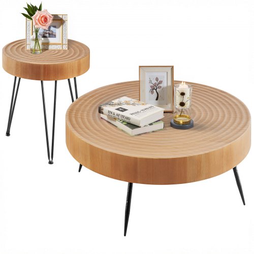 2-piece round coffee table set 89 cm with 1 side table for living room