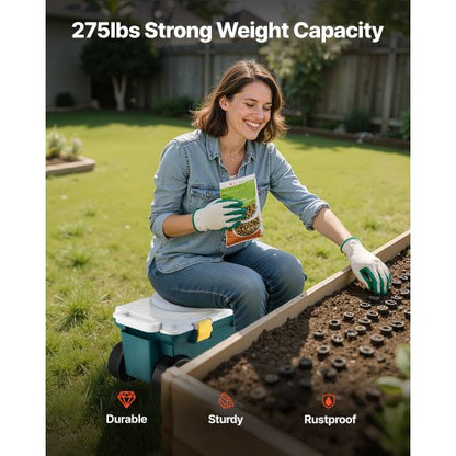 Rolling garden cart with seat 114 kg storage box and seat for garden scooter