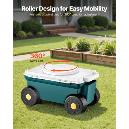 Rolling garden cart with seat 114 kg storage box and seat for garden scooter
