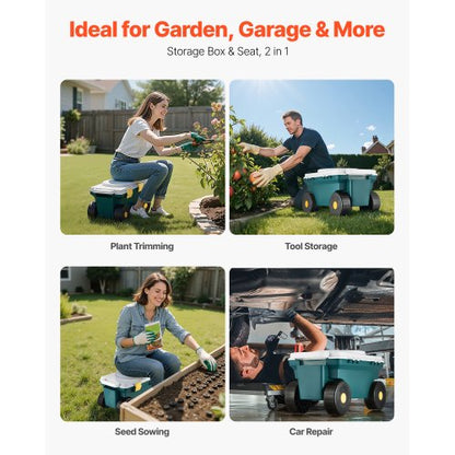 Rolling garden cart with seat 114 kg storage box and seat for garden scooter