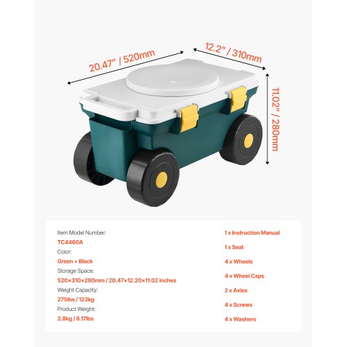 Rolling garden cart with seat 114 kg storage box and seat for garden scooter