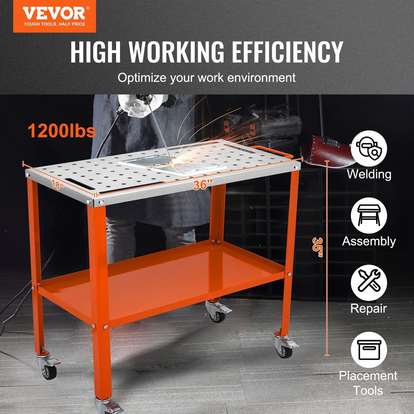 Welding Table 36" x 18", 1200lbs Load Capacity Steel Welding Workbench Table on Wheels, 2 Layers Portable Workbench with Brake Casters, 4 Tool Holes, 5/8-Inch Fixture Holes