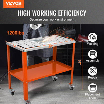 Welding Table 36" x 18", 1200lbs Load Capacity Steel Welding Workbench Table on Wheels, 2 Layers Portable Workbench with Brake Casters, 4 Tool Holes, 5/8-Inch Fixture Holes