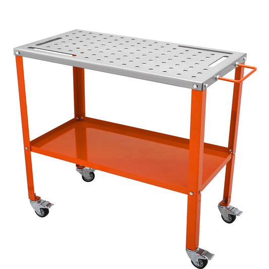 Svetsbord 36" x 18", 1200lbs Lastkapacitet Stålsvetsarbetsbänksbord på hjul, 2 lager bärbar arbetsbänk med bromshjul, 4 verktygshål, 5/8-tums fixturhål