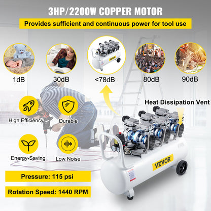 Air Compressor 80L Ultra Quiet Oil-Free Air Compressor Tank Quiet Air Compressor 2.2KW Oil-Free Compressor Low Noise with Safe Solenoid Valve