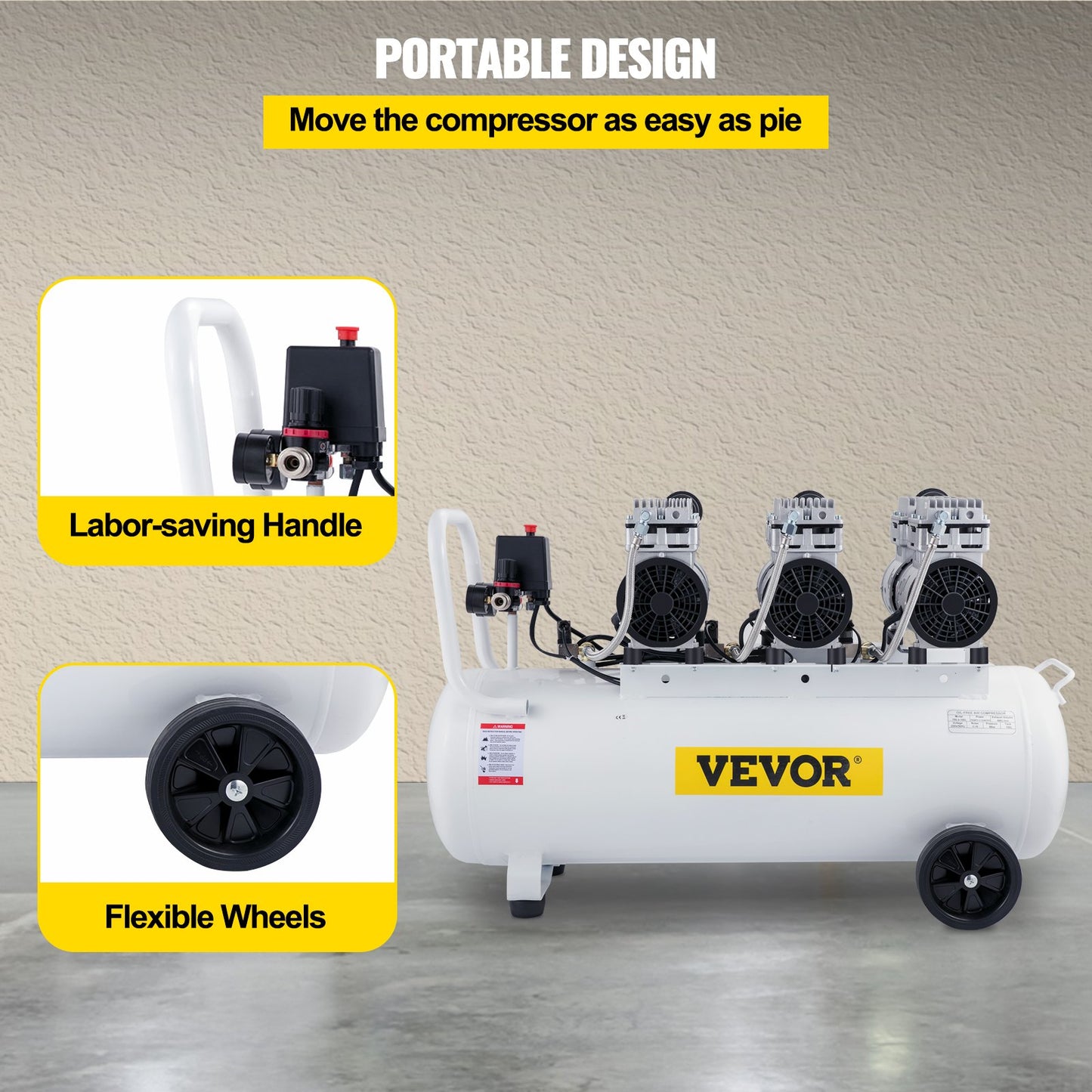 Air Compressor 80L Ultra Quiet Oil-Free Air Compressor Tank Quiet Air Compressor 2.2KW Oil-Free Compressor Low Noise with Safe Solenoid Valve