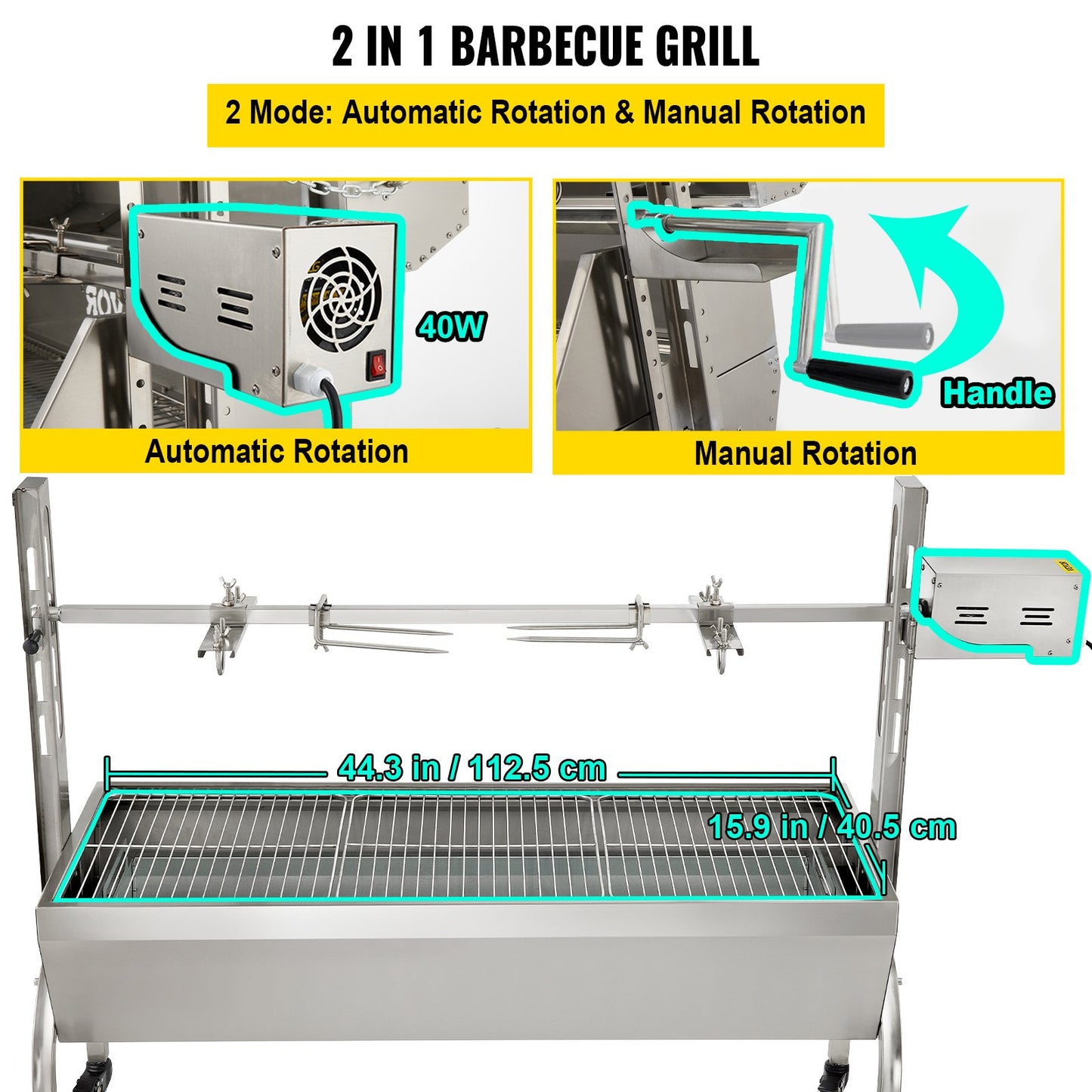 Rotisserie Grill, 132 lbs kapacitet, rostfritt stål Gris Lamm Spit Grill Stek, Steklåda med 40W motor & justerbar höjd & låsbara hjul för utomhuscamping fest lägereld grill