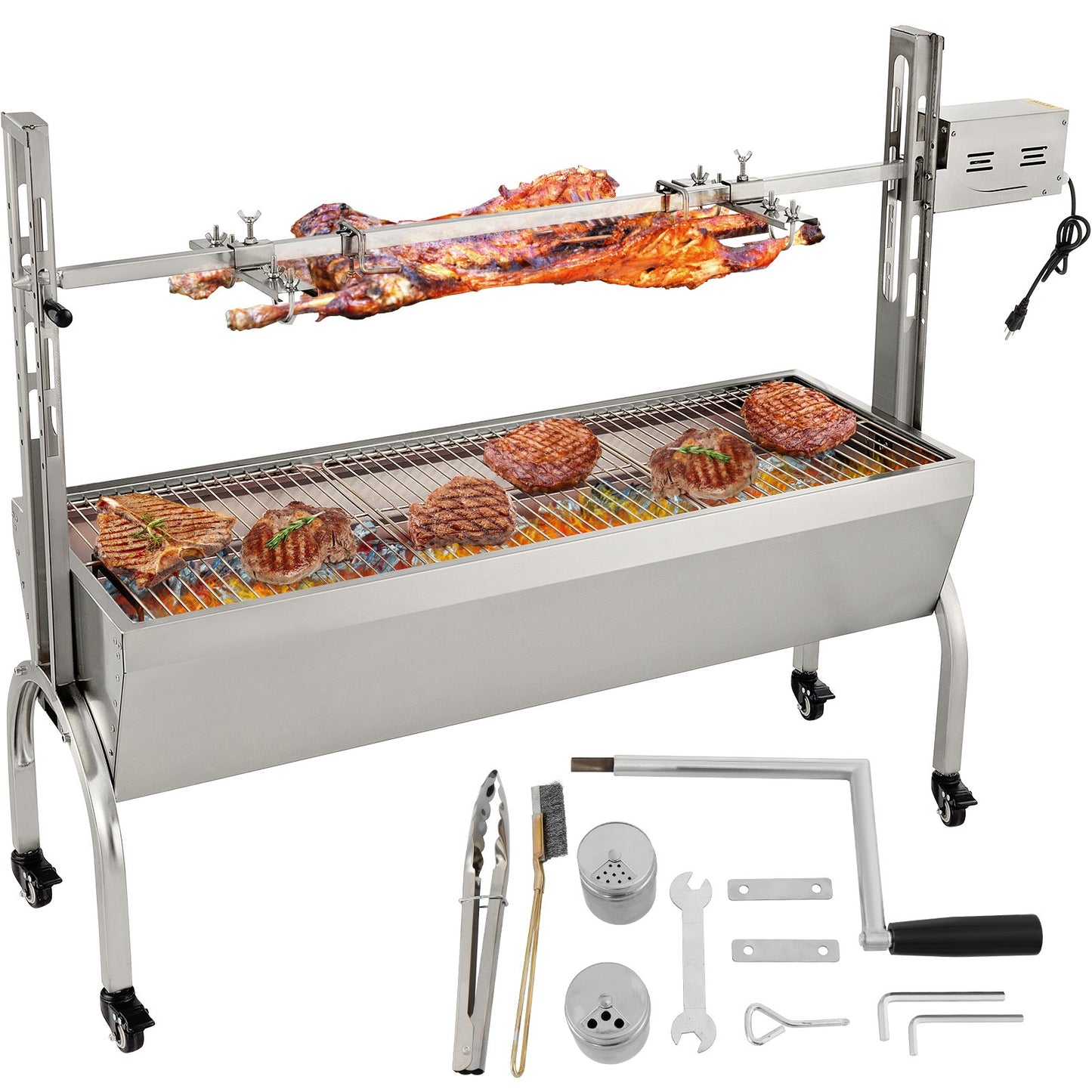 Rotisserie Grill, 132 lbs kapacitet, rostfritt stål Gris Lamm Spit Grill Stek, Steklåda med 40W motor & justerbar höjd & låsbara hjul för utomhuscamping fest lägereld grill