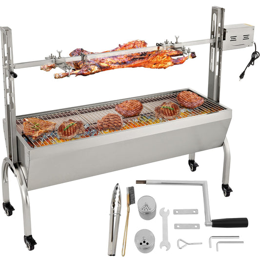 Rotisserie Grill, 132 lbs kapacitet, rostfritt stål Gris Lamm Spit Grill Stek, Steklåda med 40W motor & justerbar höjd & låsbara hjul för utomhuscamping fest lägereld grill