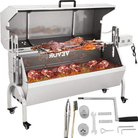 Lamb Rotisserie, 132lbs kapacitet, rostfritt stål Grisspett grillstek, med 40W motor & justerbar höjd Låsbara hjul och baffelskydd för utomhuscamping fest lägereld grill