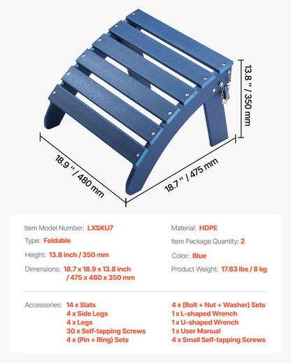 Adirondack Ottoman 2 set 18.7L x 18.9W x 13.8H inches HDPE Footrest Blue