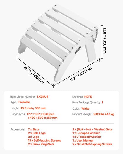 Adirondack Ottoman 17.7L x 19.7W x 13.8H inches HDPE Folding Footrest White