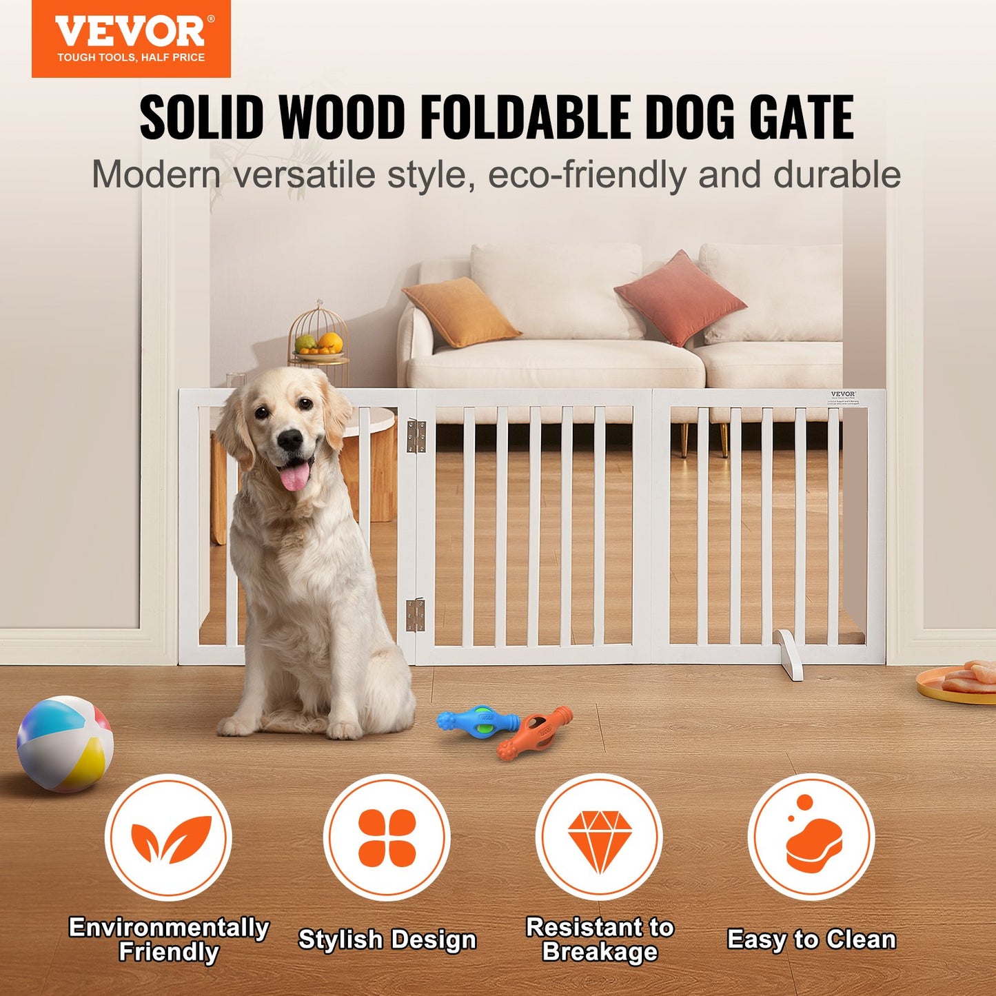 Fristående Dog Gate 24x60 tum Fristående Pet Gate Vikbar Vit
