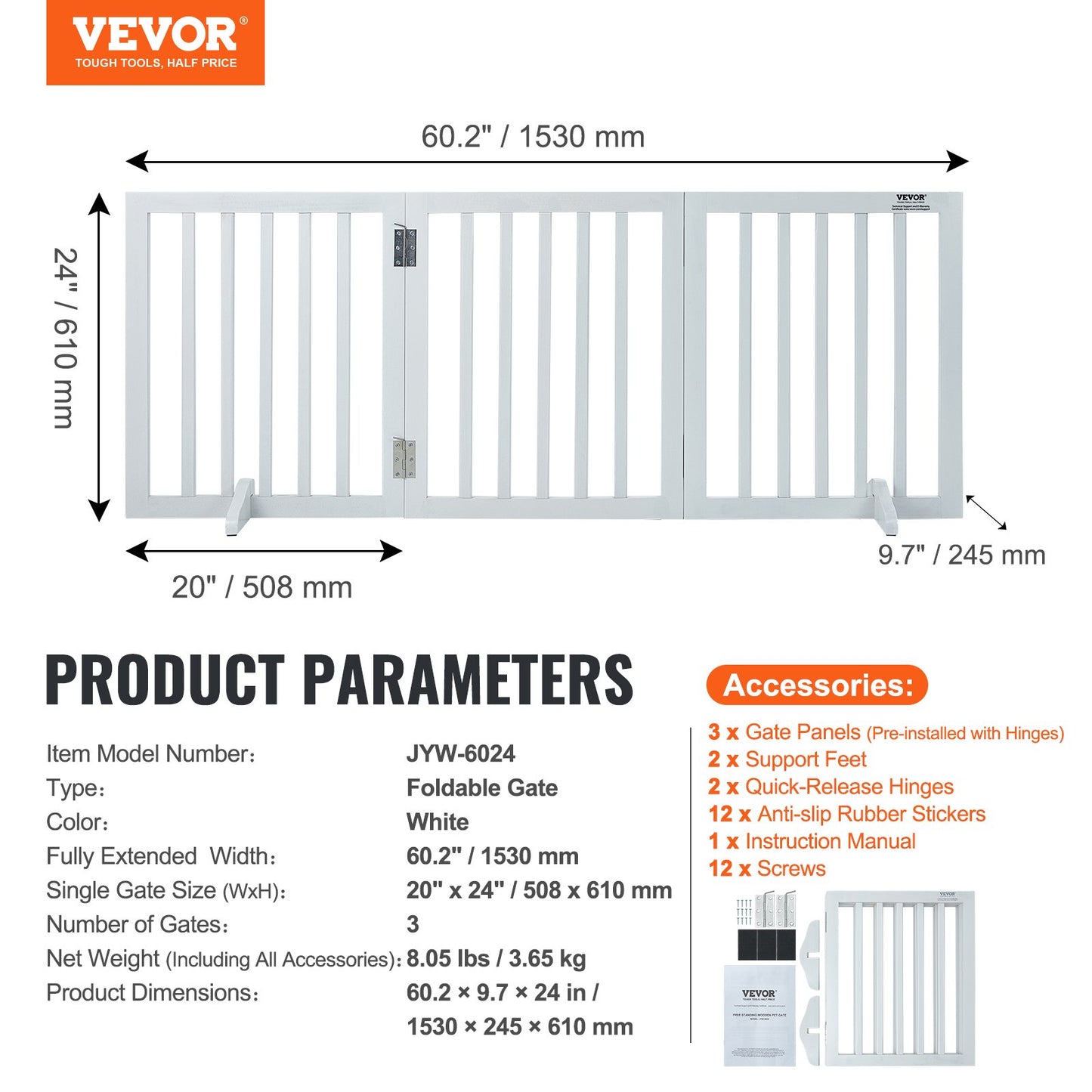 Fristående Dog Gate 24x60 tum Fristående Pet Gate Vikbar Vit
