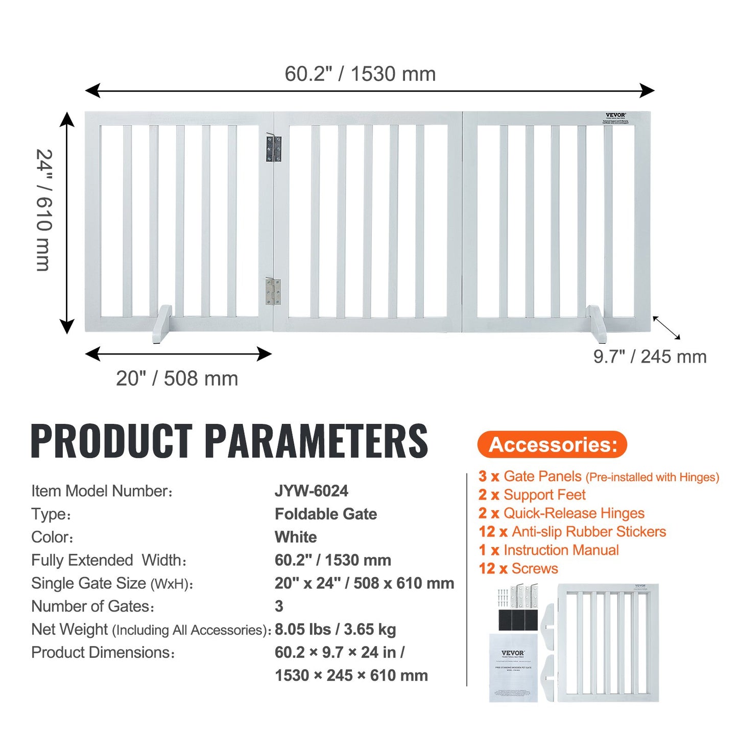 Fristående Dog Gate 24x60 tum Fristående Pet Gate Vikbar Vit