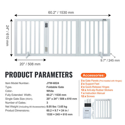 Fristående Dog Gate 24x60 tum Fristående Pet Gate Vikbar Vit