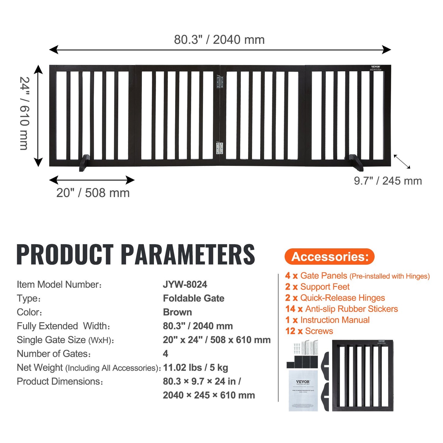 Freestanding Dog Gate 24x80.3 inch Freestanding Pet Gate Foldable Brown