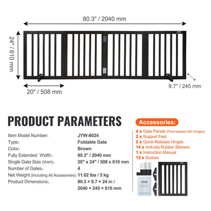 Freestanding Dog Gate 24x80.3 inch Freestanding Pet Gate Foldable Brown