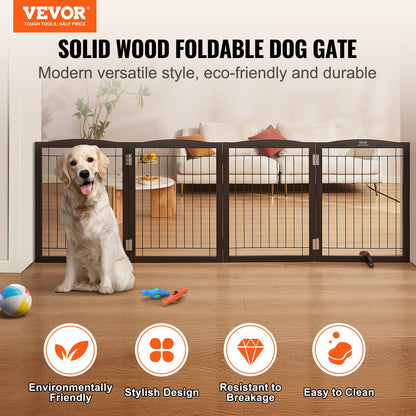 Freestanding Dog Gate 32x96.5 inch Freestanding Pet Gate Foldable Brown
