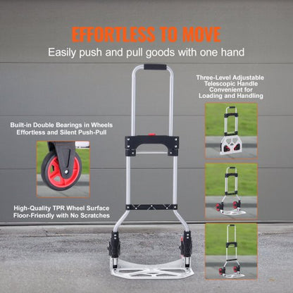 Folding Hand Truck, 176 lbs lastkapacitet, bärbar aluminiumvagn, Cabriolet Handtruck och Dolly med teleskophandtag och gummihjul, Ultralätt superstark för att flytta lager |  EU
