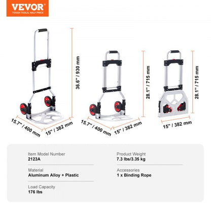 Folding Hand Truck, 176 lbs lastkapacitet, bärbar aluminiumvagn, Cabriolet Handtruck och Dolly med teleskophandtag och gummihjul, Ultralätt superstark för att flytta lager |  EU