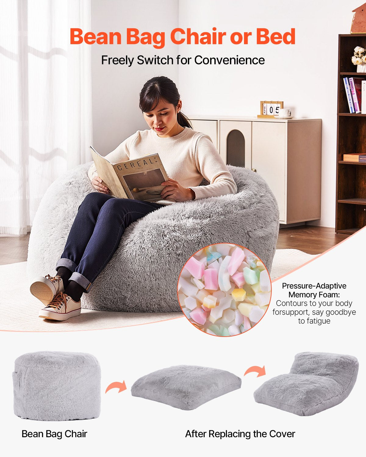 Bean Bag Sängstol Konvertibel från stol till lounge eller madrass Grå-Full