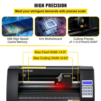 Vinylskärare, 375 mm vinylplotter, LED-skärmplotterskärare, halvautomatisk inbyggt optiskt öga för exakt styrning, kompatibel med SignMaster-programvaran för Windows System Desktop Design
